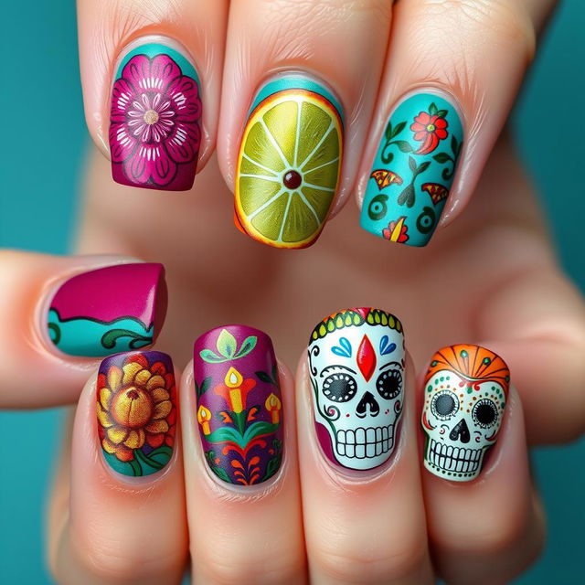 Design inspired by the reference image shared, focusing on a stunning and vibrant Día de Muertos theme for nail art