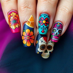 Design inspired by the reference image shared, focusing on a stunning and vibrant Día de Muertos theme for nail art