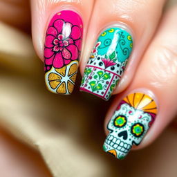 Design inspired by the reference image shared, focusing on a stunning and vibrant Día de Muertos theme for nail art