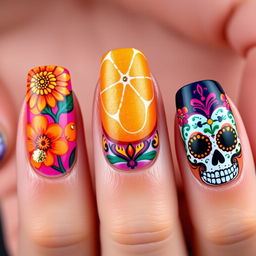 A vibrant and culturally rich Día de Muertos-themed nail art set inspired by the initial images, focusing on five distinct designs