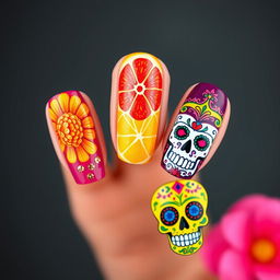 A vibrant and culturally rich Día de Muertos-themed nail art set inspired by the initial images, focusing on five distinct designs