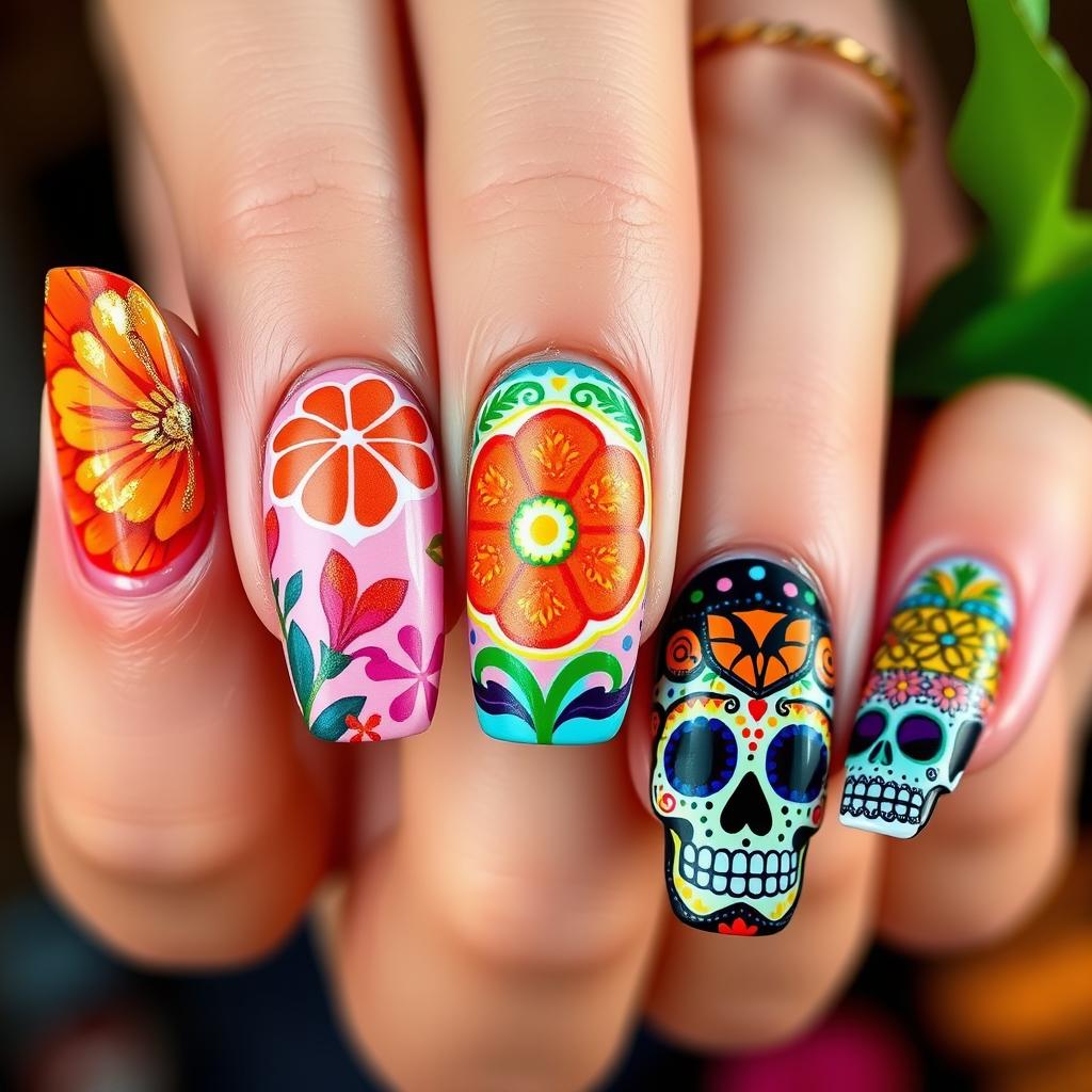 A vibrant and culturally rich Día de Muertos-themed nail art set inspired by the initial images, focusing on five distinct designs