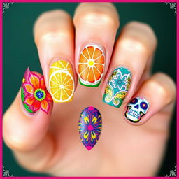 A vibrant and culturally rich Día de Muertos-themed nail art set inspired by the initial images, focusing on five distinct designs