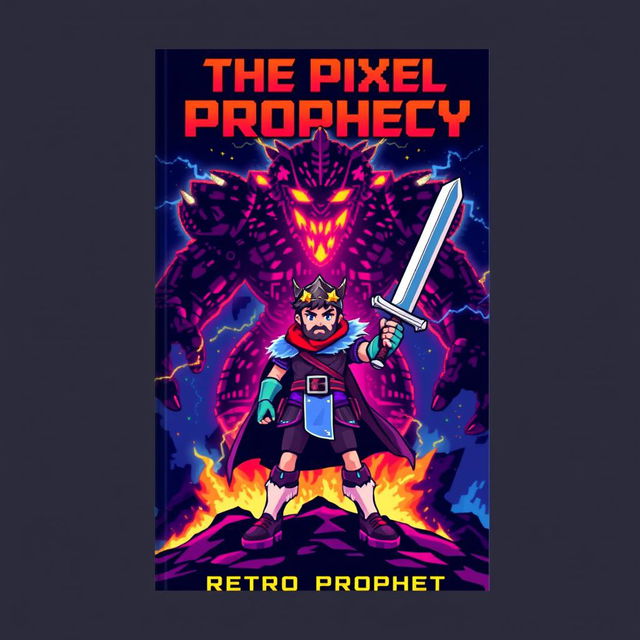 Epic book cover design for "The Pixel Prophecy" by Retro Prophet