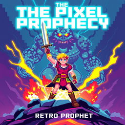 Epic book cover design for "The Pixel Prophecy" by Retro Prophet