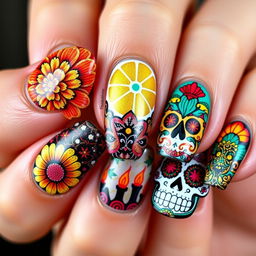 A dazzling and intricate Día de Muertos-themed nail art set, closely inspired by the vibrant images you initially shared, capturing the essence of celebration and cultural richness