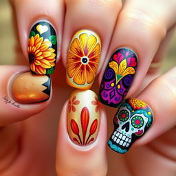 A dazzling and intricate Día de Muertos-themed nail art set, closely inspired by the vibrant images you initially shared, capturing the essence of celebration and cultural richness