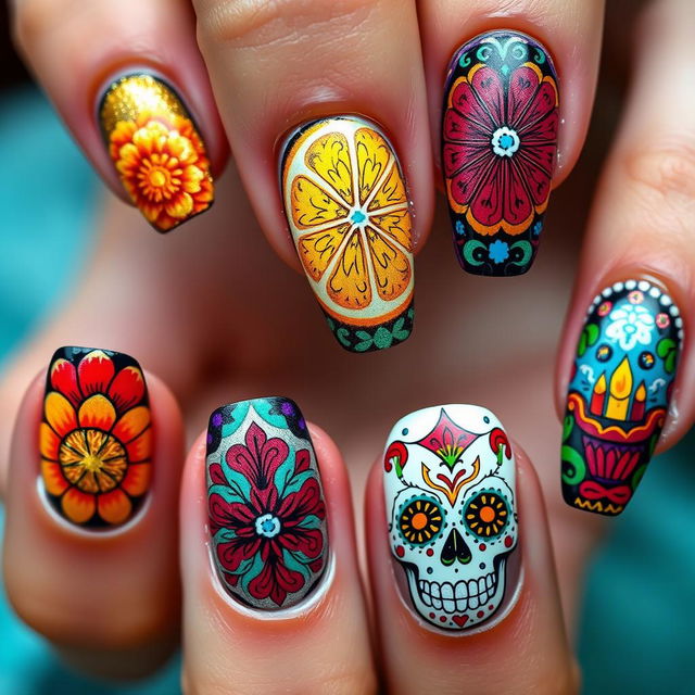 A dazzling and intricate Día de Muertos-themed nail art set, closely inspired by the vibrant images you initially shared, capturing the essence of celebration and cultural richness