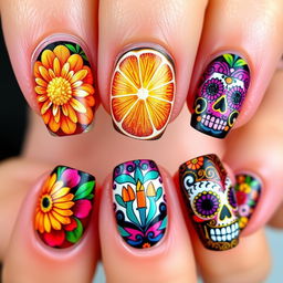 A dazzling and intricate Día de Muertos-themed nail art set, closely inspired by the vibrant images you initially shared, capturing the essence of celebration and cultural richness