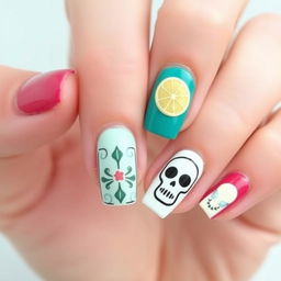 Minimalist Día de Muertos-inspired nail art, drawing from the essence of the reference image provided, using a refined and subtle approach