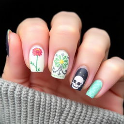 Minimalist Día de Muertos-inspired nail art, drawing from the essence of the reference image provided, using a refined and subtle approach