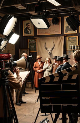 A classic 20th-century film studio setup with vintage cameras, studio lights, and a retro film reel in action