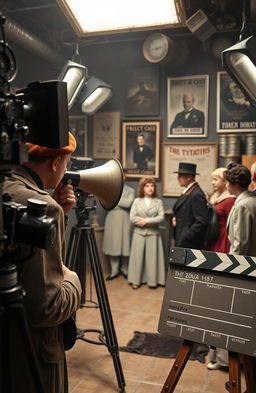 A classic 20th-century film studio setup with vintage cameras, studio lights, and a retro film reel in action