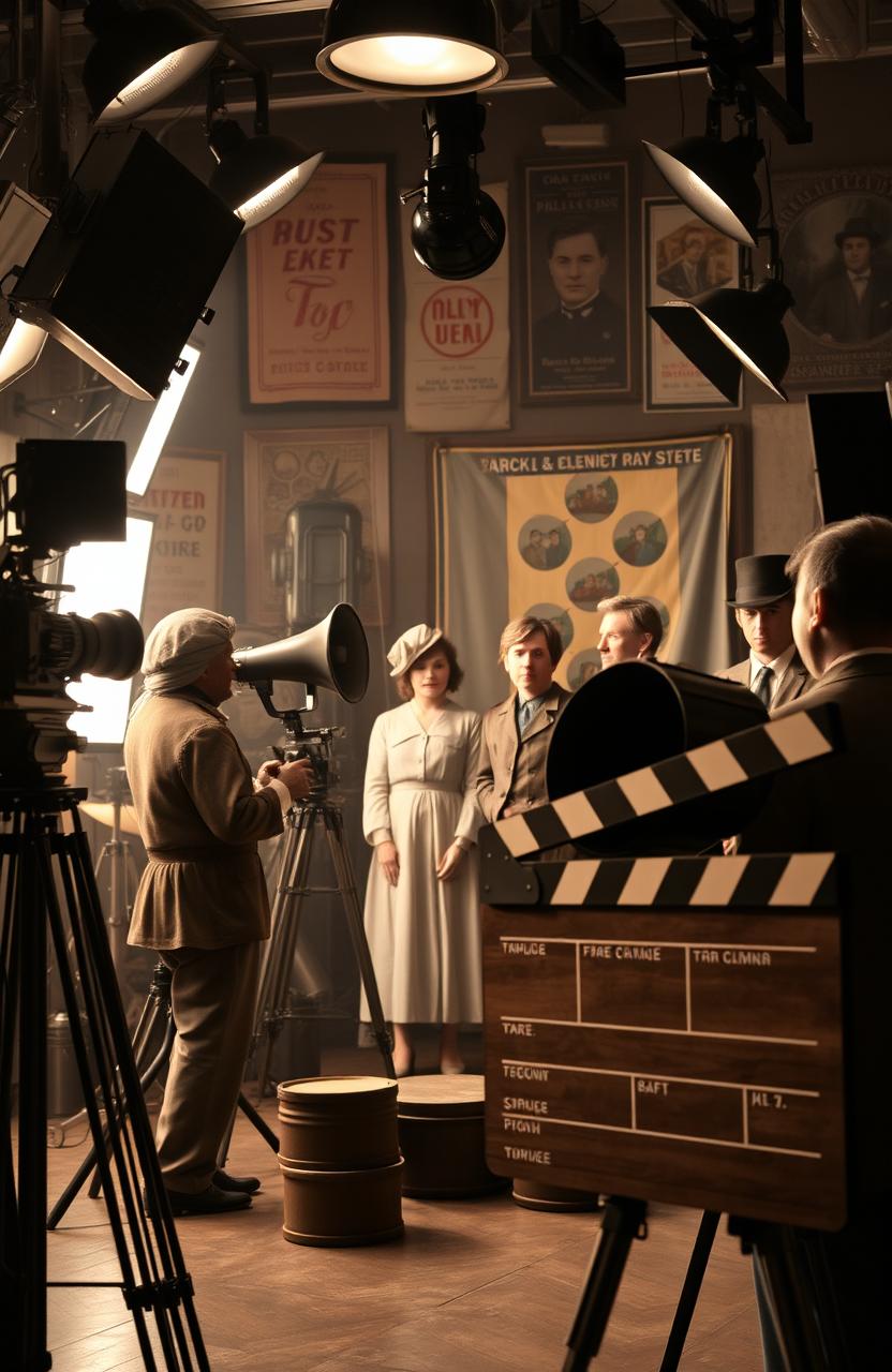 A classic 20th-century film studio setup with vintage cameras, studio lights, and a retro film reel in action