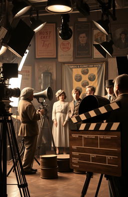 A classic 20th-century film studio setup with vintage cameras, studio lights, and a retro film reel in action