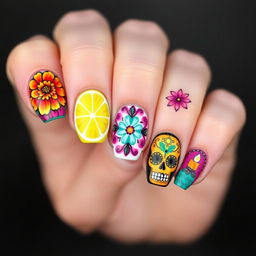 A captivating set of Día de Muertos-inspired nail art, focusing solely on five different designs that embody cultural richness and tradition