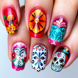 A captivating set of Día de Muertos-inspired nail art, focusing solely on five different designs that embody cultural richness and tradition