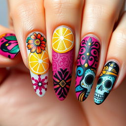 A captivating set of Día de Muertos-inspired nail art, focusing solely on five different designs that embody cultural richness and tradition