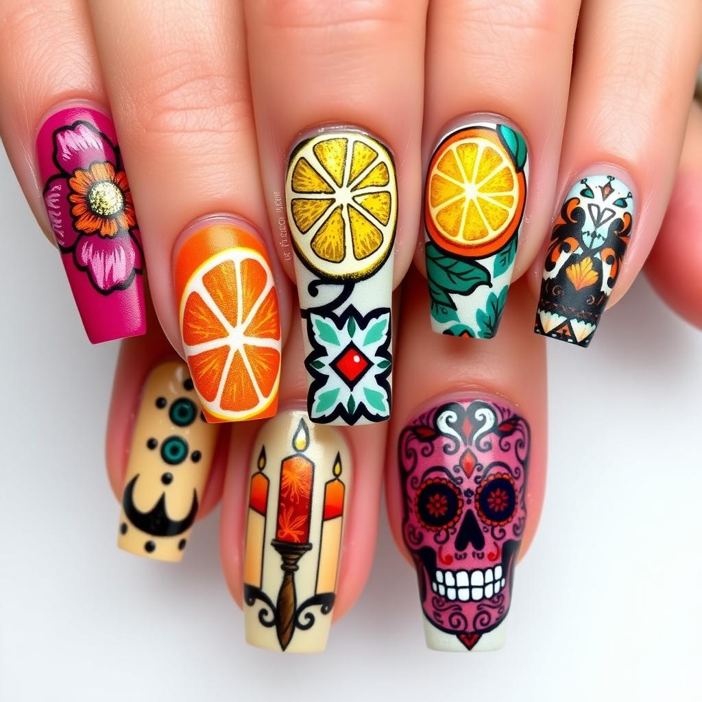 An eye-catching and intricate Día de Muertos-inspired nail art collection, featuring a diverse range of designs that celebrate the richness of the tradition