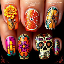 An eye-catching and intricate Día de Muertos-inspired nail art collection, featuring a diverse range of designs that celebrate the richness of the tradition