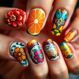 An eye-catching and intricate Día de Muertos-inspired nail art collection, featuring a diverse range of designs that celebrate the richness of the tradition