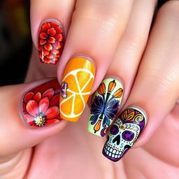 An eye-catching and intricate Día de Muertos-inspired nail art collection, featuring a diverse range of designs that celebrate the richness of the tradition