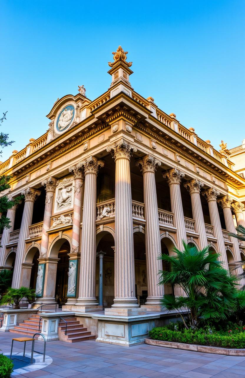 A grand, historical bathhouse building with intricate architectural details inspired by classical Roman design