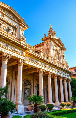 A grand, historical bathhouse building with intricate architectural details inspired by classical Roman design