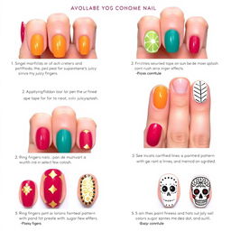 A variety of Día de Muertos-inspired nail art concepts that are achievable for at-home nail enthusiasts