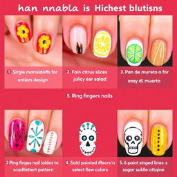 A variety of Día de Muertos-inspired nail art concepts that are achievable for at-home nail enthusiasts