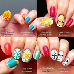 A variety of Día de Muertos-inspired nail art concepts that are achievable for at-home nail enthusiasts