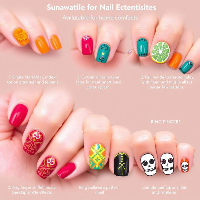 A variety of Día de Muertos-inspired nail art concepts that are achievable for at-home nail enthusiasts