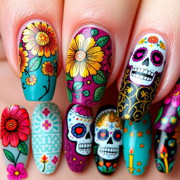 Día de Muertos-inspired nail art collection, capturing cultural essence and vivid beauty