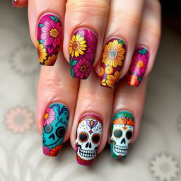 Día de Muertos-inspired nail art collection, capturing cultural essence and vivid beauty