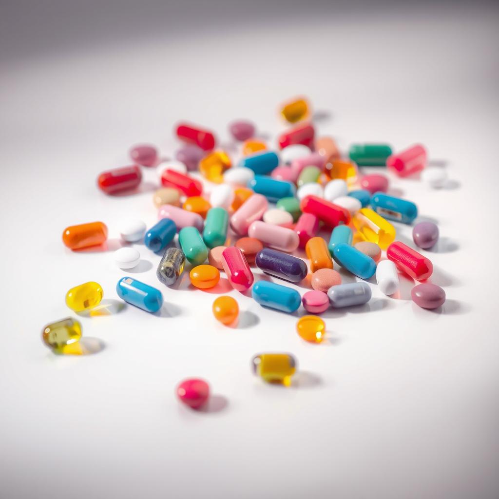 A collection of colorful pills scattered on a smooth, reflective surface