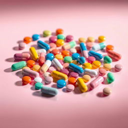 A collection of colorful pills scattered on a smooth, reflective surface