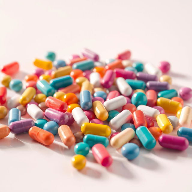 A collection of colorful pills scattered on a smooth, reflective surface