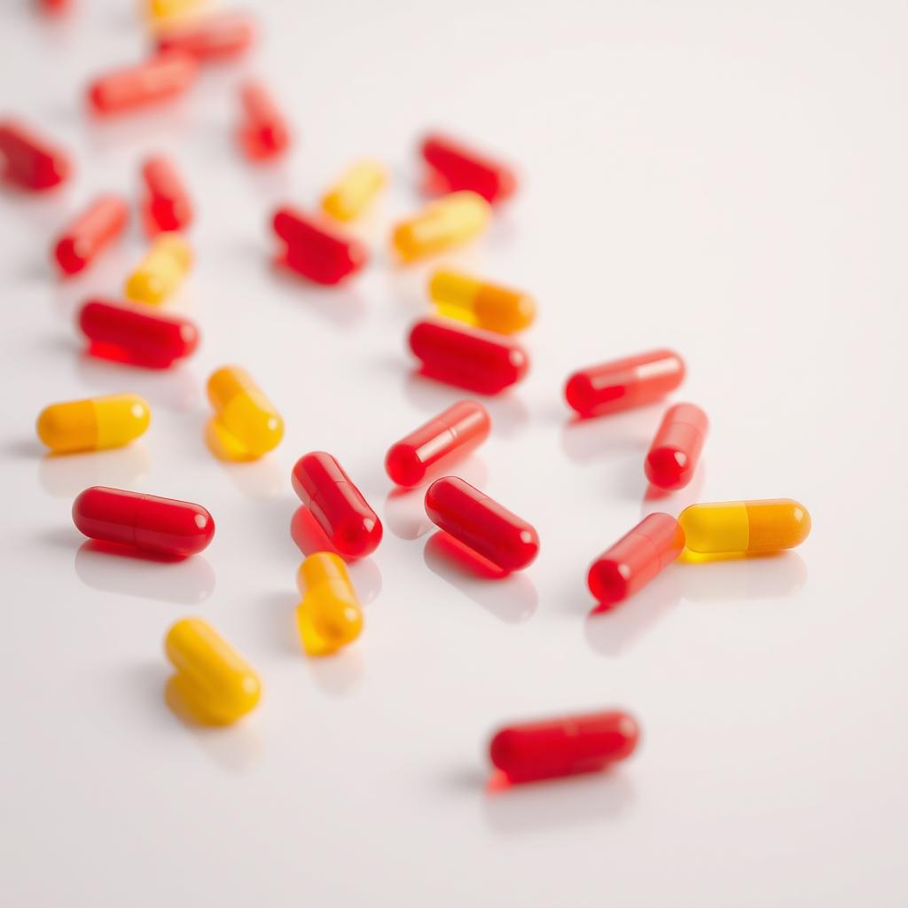 A close-up image of red and yellow pills scattered randomly on a smooth, reflective surface