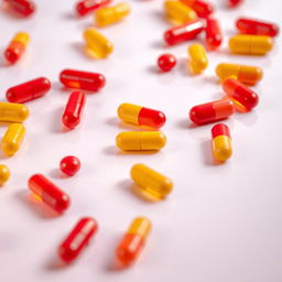 A close-up image of red and yellow pills scattered randomly on a smooth, reflective surface