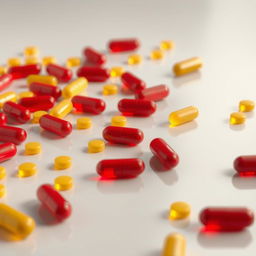 A close-up image of red and yellow pills scattered randomly on a smooth, reflective surface