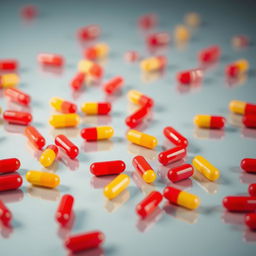 A close-up image of red and yellow pills scattered randomly on a smooth, reflective surface