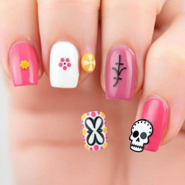 A minimalistic Día de Muertos-inspired nail art set that emphasizes simplicity while capturing the essence of the tradition