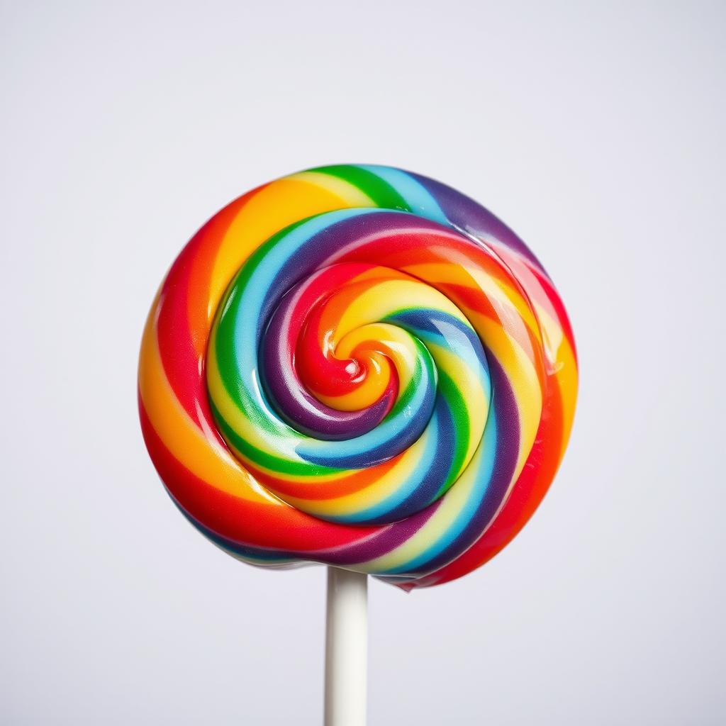 A vibrant and colorful close-up of a swirl lollipop with a rainbow of colors