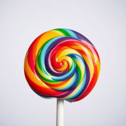 A vibrant and colorful close-up of a swirl lollipop with a rainbow of colors