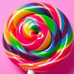 A vibrant and colorful close-up of a swirl lollipop with a rainbow of colors