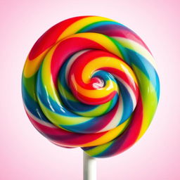 A vibrant and colorful close-up of a swirl lollipop with a rainbow of colors