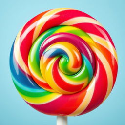 A vibrant and colorful close-up of a swirl lollipop with a rainbow of colors