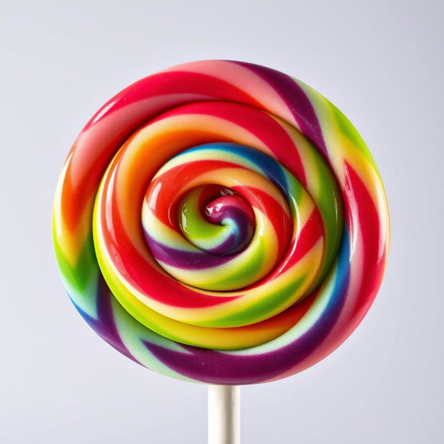 A vibrant and colorful close-up of a swirl lollipop with a rainbow of colors