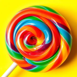 A vibrant and colorful close-up of a swirl lollipop with a rainbow of colors