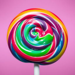 A vibrant and colorful close-up of a swirl lollipop with a rainbow of colors